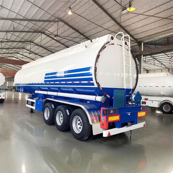 Front view of ZW Group 3 Axle Carbon Steel Oil Tanker Trailer with 45,000-liter capacity, showing durable carbon steel tank and triple axle setup.