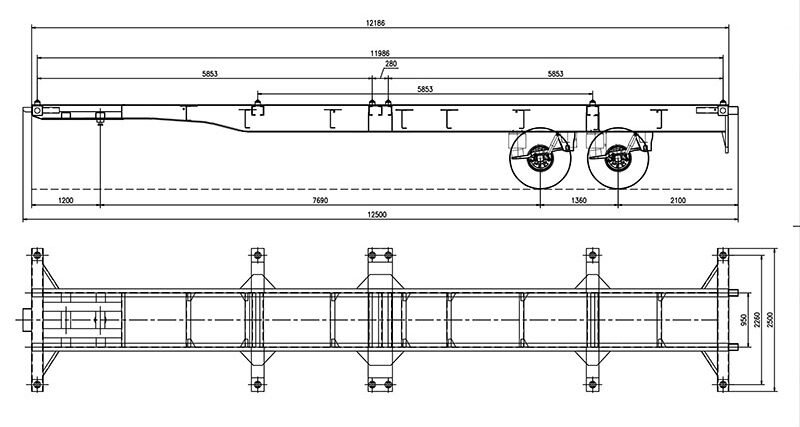 CAD drawing of 2 axle 40ft skeleton trailer with dimensions and container lock positions