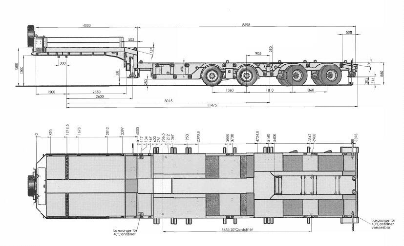 4 axle lowbed semi trailer technical drawing with container locks and platform dimensions