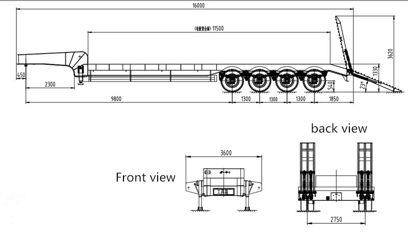 4 axle lowbed trailer design with rear hydraulic ramps for heavy machinery loading