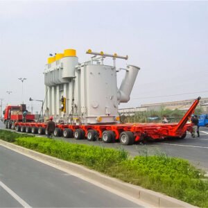ZW Group self-propelled modular trailer front view with hydraulic suspension and detachable gooseneck