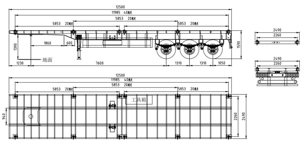 Technical drawing of 3-axle 12.5m flatbed semi trailer with detailed dimensions and specifications.