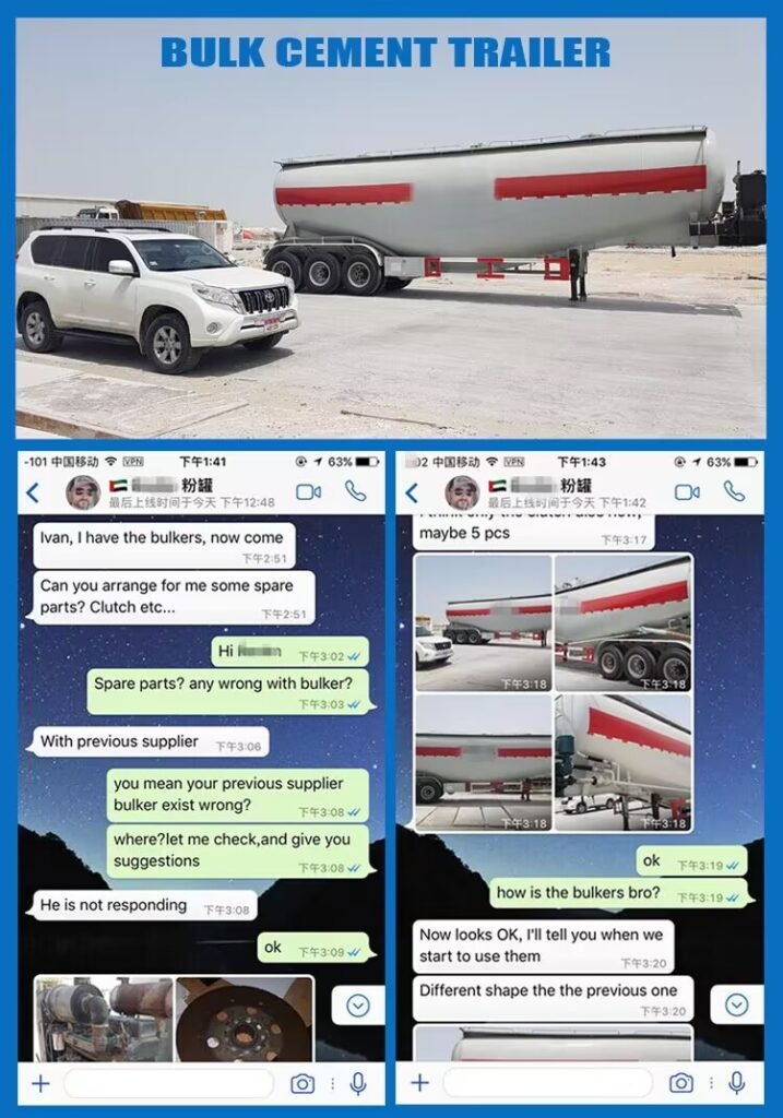 Customers giving positive reviews beside cement bulk tanker trailers