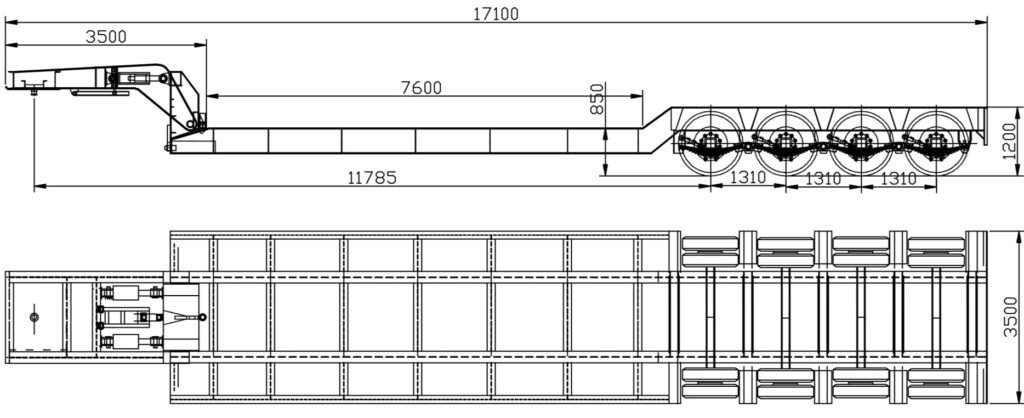 4-axle gooseneck semi trailer drawing with 11.00R20 tires and 8.0-20 rims