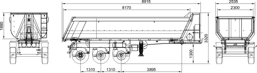 3 axle end dump trailer technical drawing with detailed dimensions and design