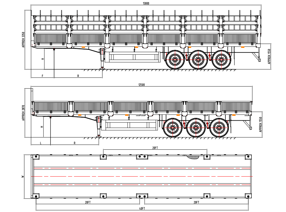 40FT 3 Axle Fence Semi Trailer Drawing with Load Capacity and Dimensions