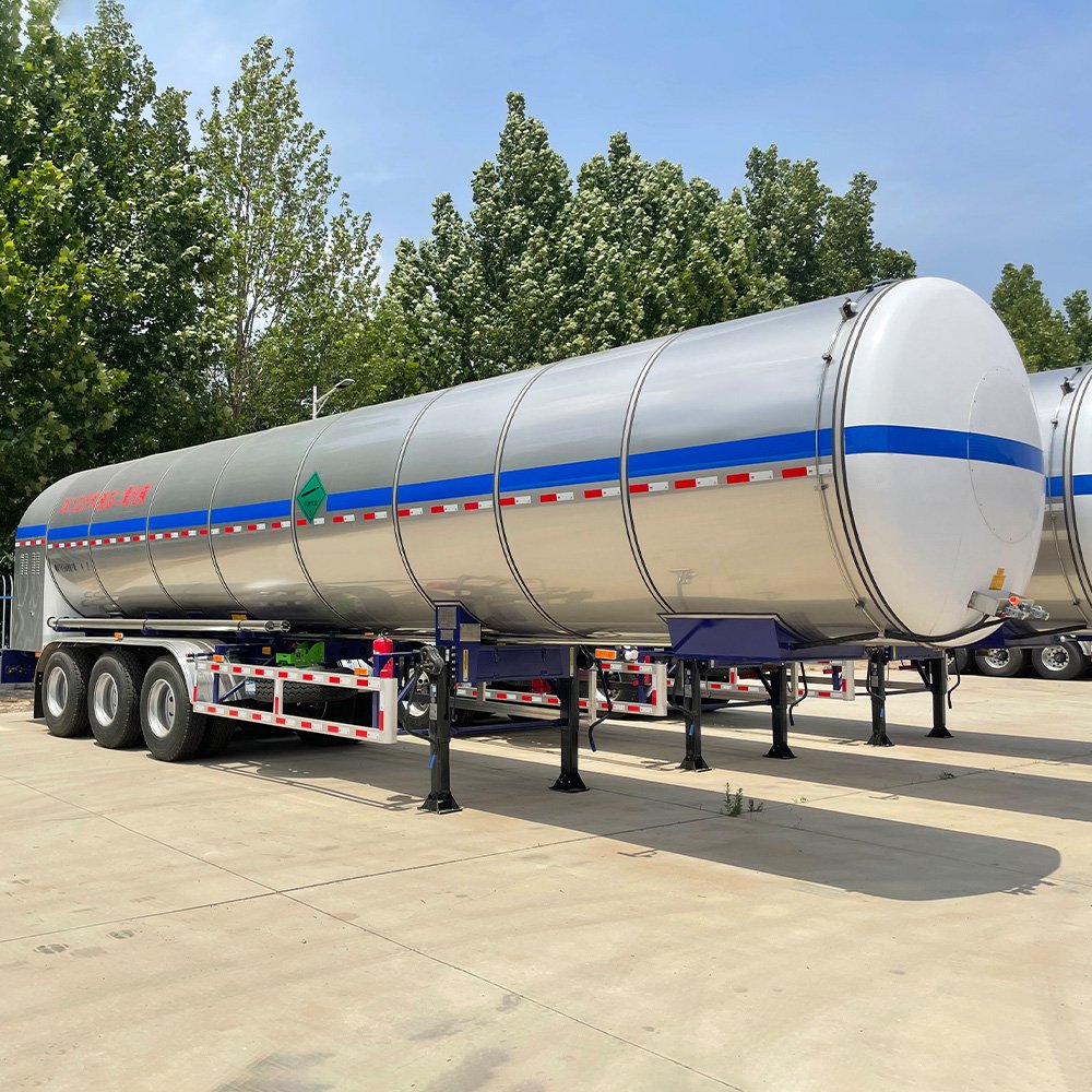 Chemical tanker trailer carrying hazardous chemicals
