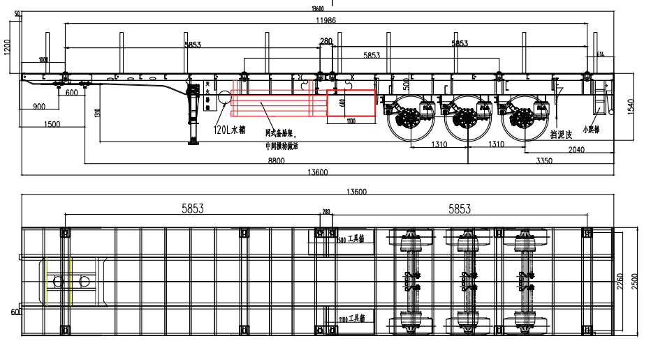 Technical drawing of 3-axle 13.6m flatbed semi trailer showing frame structure, axle setup, suspension, and securing features.