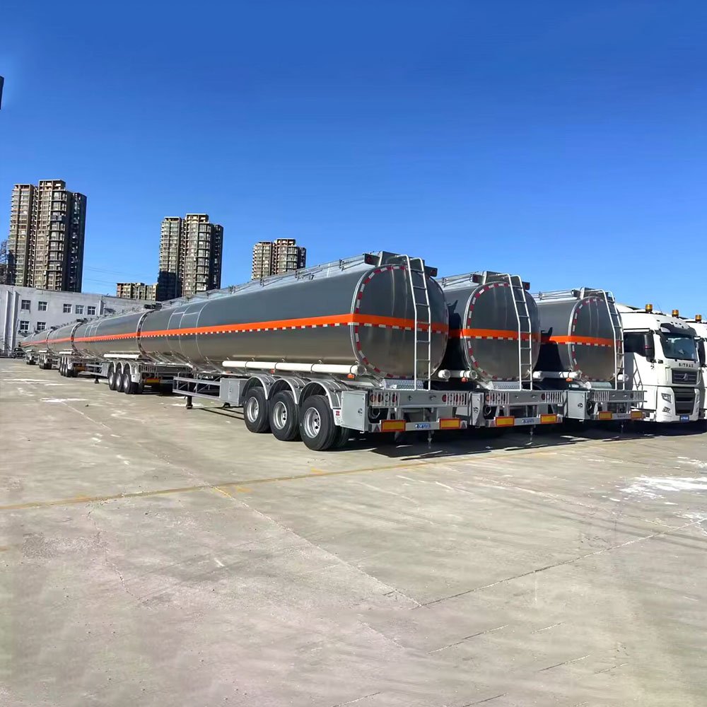 Fuel tanker trailer carrying liquid fuel on highway