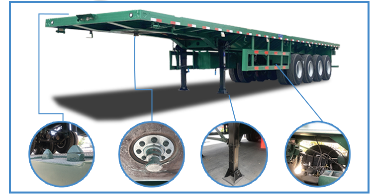 4-axle flatbed semi trailer detailed parts diagram with labeled components
