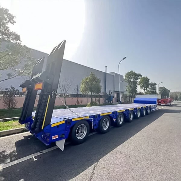 ZW Group extendable low loader trailer front view, heavy-duty telescopic trailer for oversized cargo transport