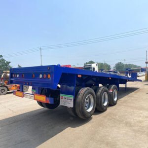 53FT Flatbed Semi Trailer with tri-axle mechanical suspension, container twist locks, and durable flatbed platform