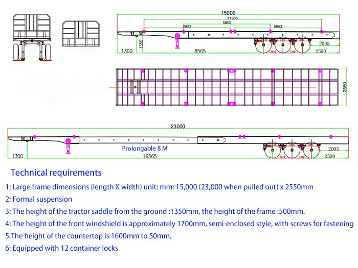 3-Axle Extendable Flatbed Trailer CAD Drawing