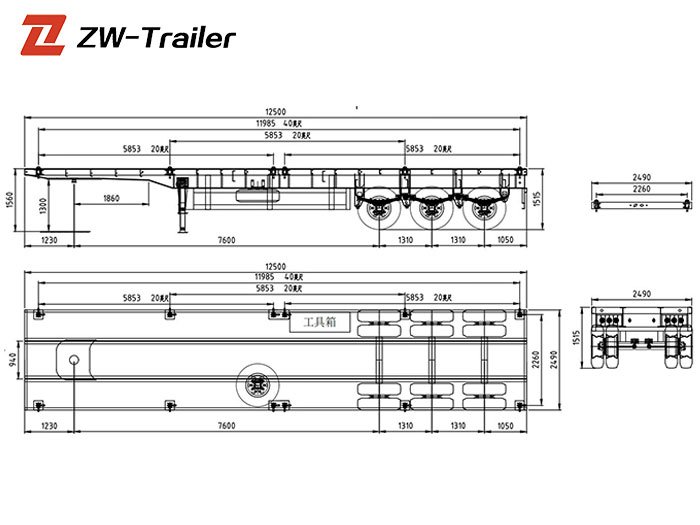 CAD drawing of 3 Axle 40FT Container Flatbed Semi Trailer with dimensions and structural details