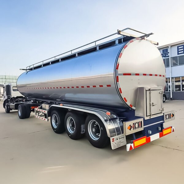 ZW Group 30,000L Stainless Steel Milk Tanker Trailer front view with food-grade stainless steel tank