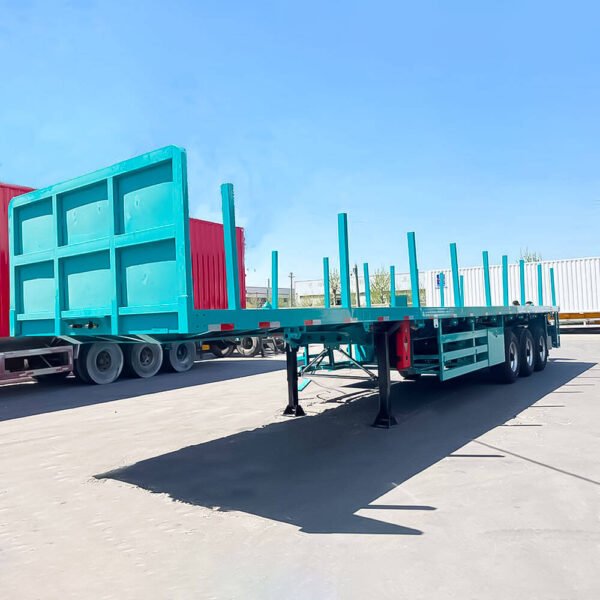Front view of 40FT Flatbed Semi Truck Trailer with side bar stick pipes for safe transport of containers and bulk cargo