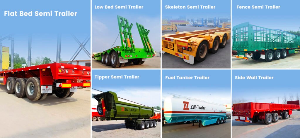 ZW Semi-Trailers poster displaying flatbed, lowbed, dump, tanker, stake, and sidewall trailers