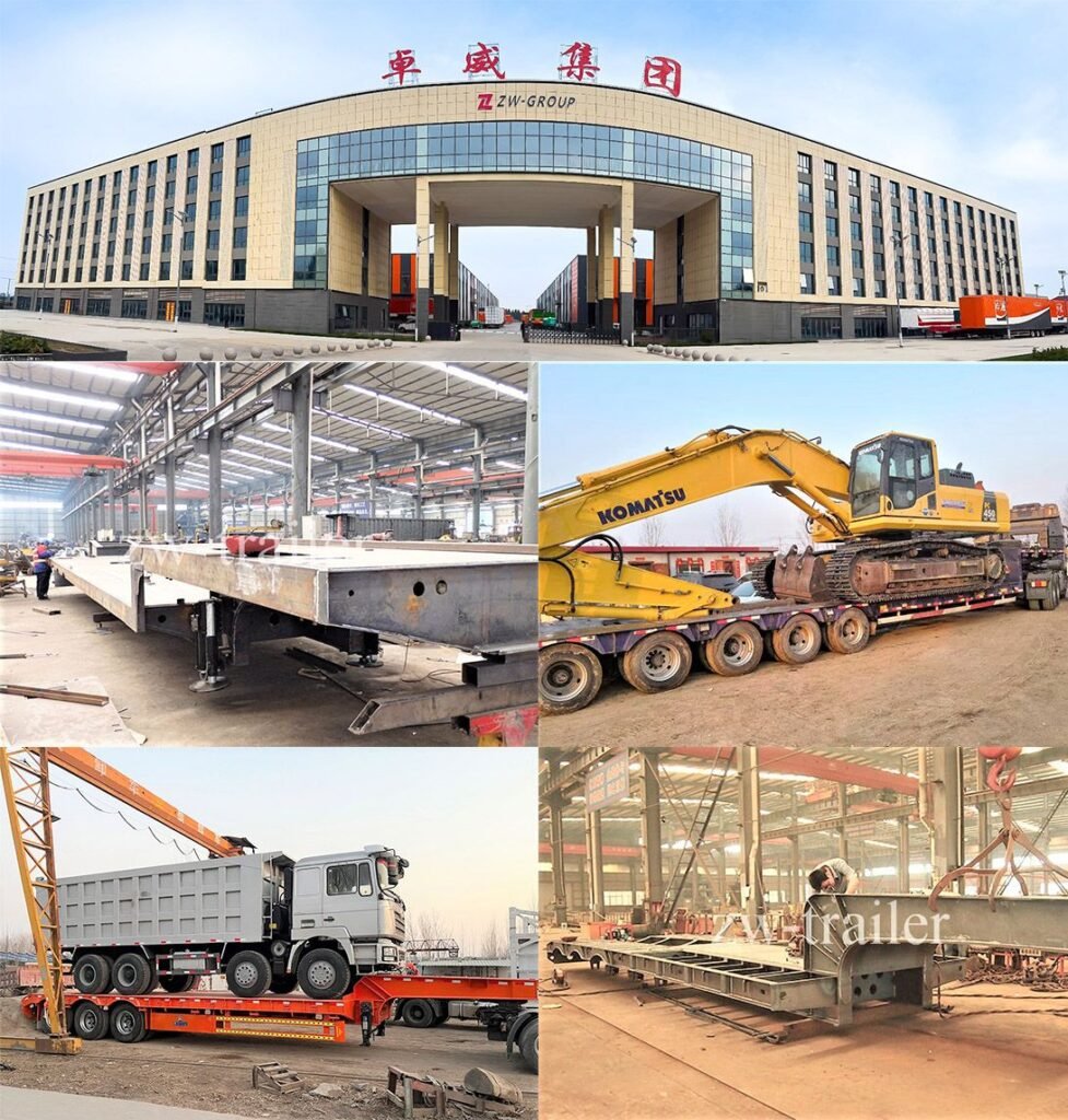 ZW Group reinforced chassis manufacturing: expert manual welding of gooseneck lowbed trailer for heavy duty mining transport.