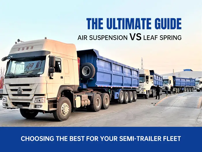 Howo tractor heads pulling blue tipper semi-trailers in a fleet, illustrating air suspension vs leaf spring comparison for heavy-duty trailers.