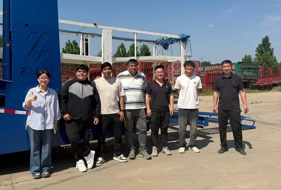 Peru clients inspecting Car Carrier Semi Trailer and FAW Tractor Truck fleet at ZW Group factory.