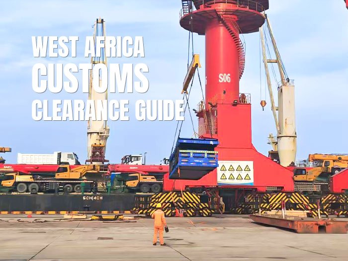 Flatbed semi trailer being lifted at a port for shipment to West Africa