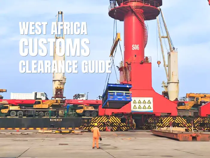 Flatbed semi trailer being lifted at a port for shipment to West Africa