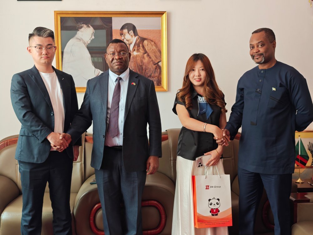 ZW Group management meeting with H.E. Mr. Ivan Zyuulu, Ambassador of the Republic of Zambia to China, in Beijing to discuss mining logistics and heavy-duty semi trailer transport solutions.